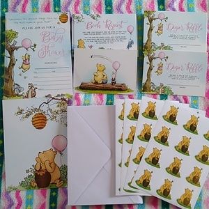 #387 40 Winnie the Pooh baby shower invites pink balloon